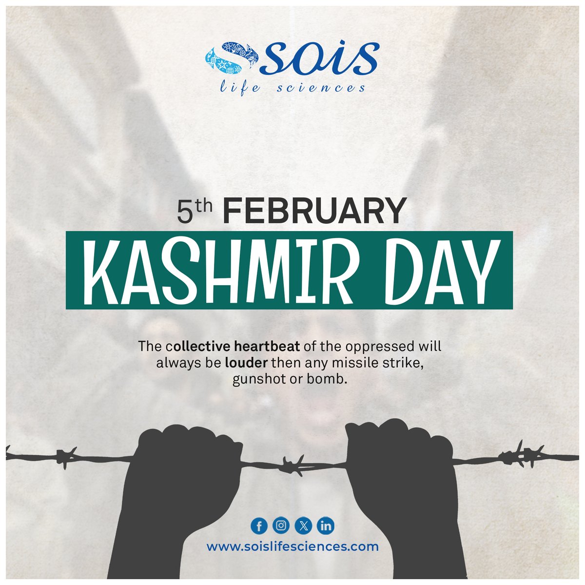 soislifescience's tweet photo. On this Kashmir Day, let's unite in solidarity with the people of Kashmir, who have endured countless struggles for their rights and self-determination. 🤝✊

#KashmirDay #StandWithKashmir #PeaceForKashmir #HumanRights #Unity #JusticeForKashmir #sois #pakistan #nutraceuticals https://t.co/781Ks2qRvA