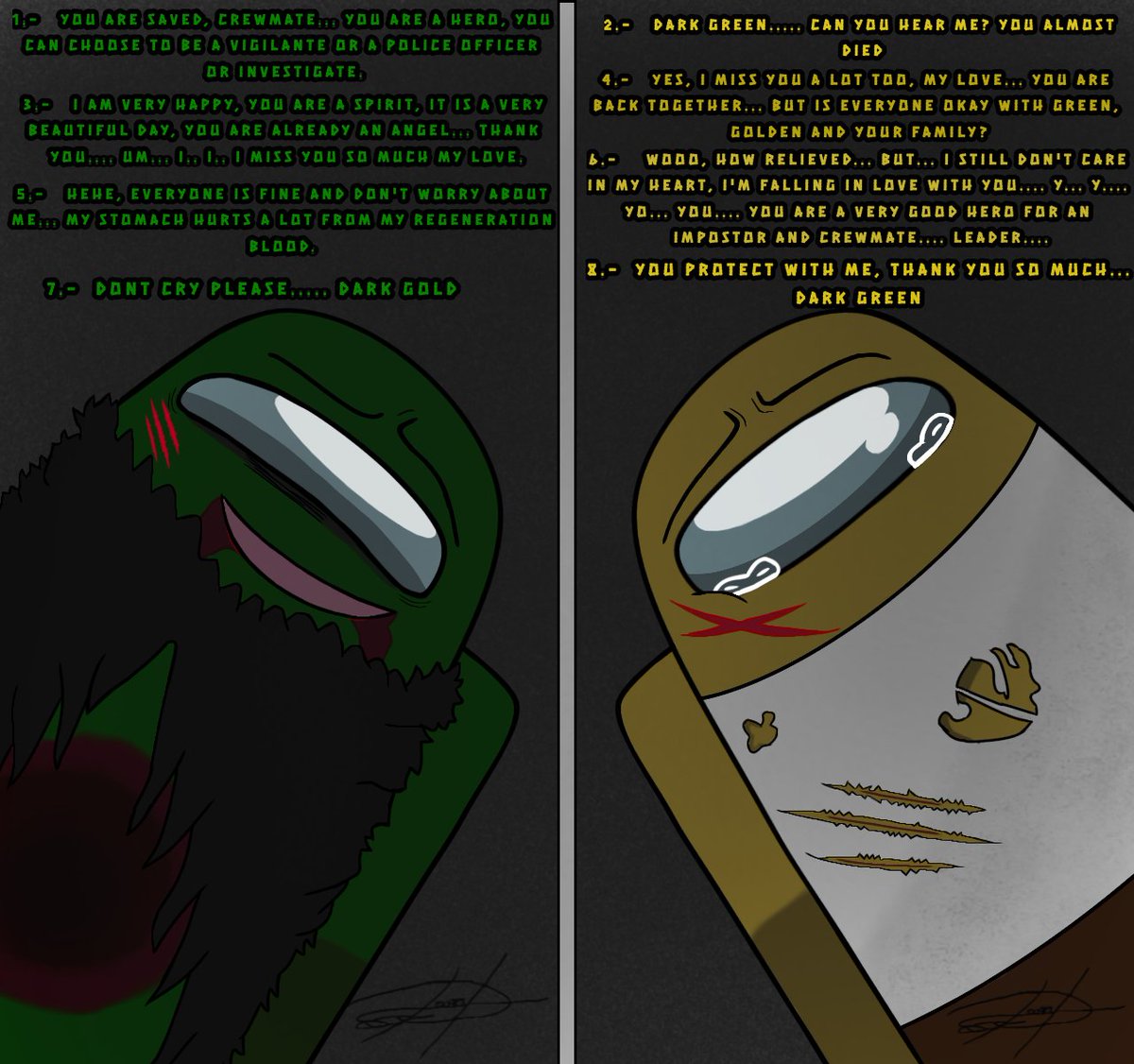AlinaDorita30's tweet photo. Comic Among us OC is manga comics - 1 episode Scene (How to revive dark gold)
#amongusOC #amongusfanart #amongusart #AmongUsFriends #AmongusArtwork #DarkGreen #DarkGold #ArtistOnX #AmongUsειδΈ https://t.co/TIejfJfCuN