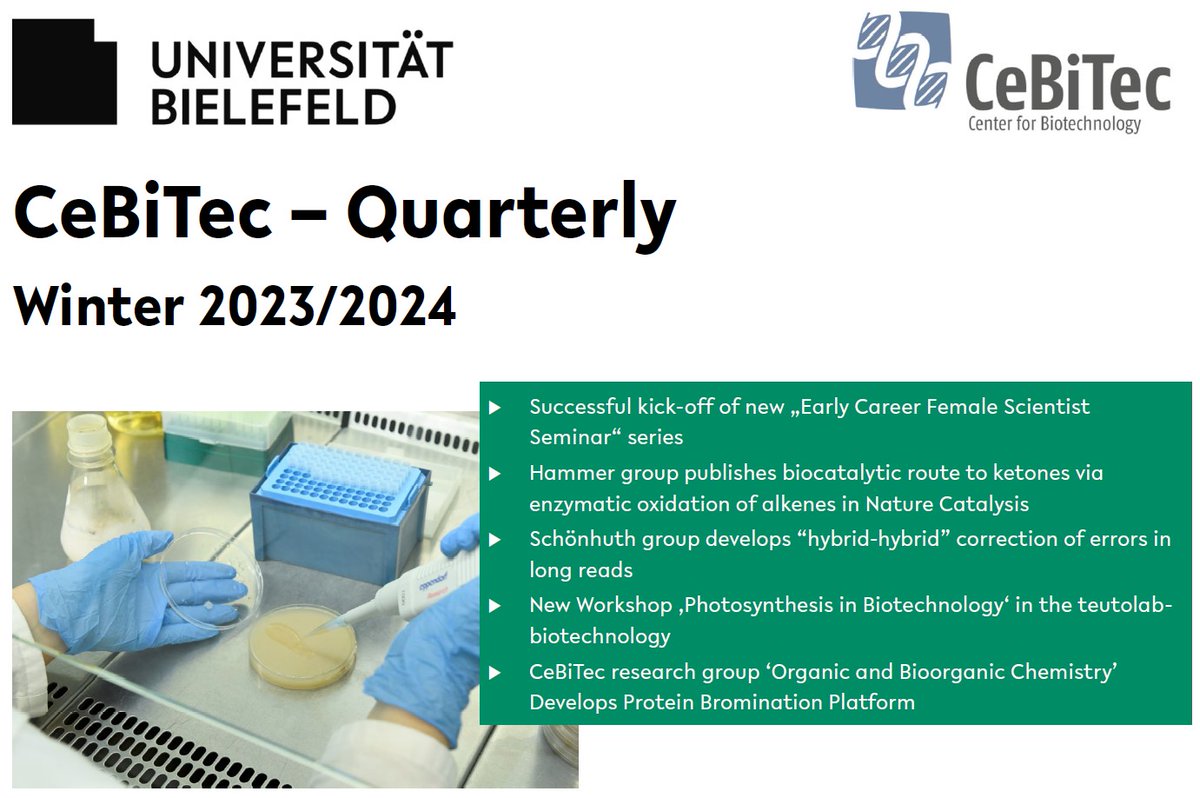 Quarterly winter issue available. This time with articles on 'Promotion of young female scientists' 👩‍🔬, high-impact papers on 'Biocatalysis' by the @Stephan_Hammer & @Sewald_group labs 🧪, a new bioinformatic method by the Schönhuth group 💻and a new teutolab workshop.