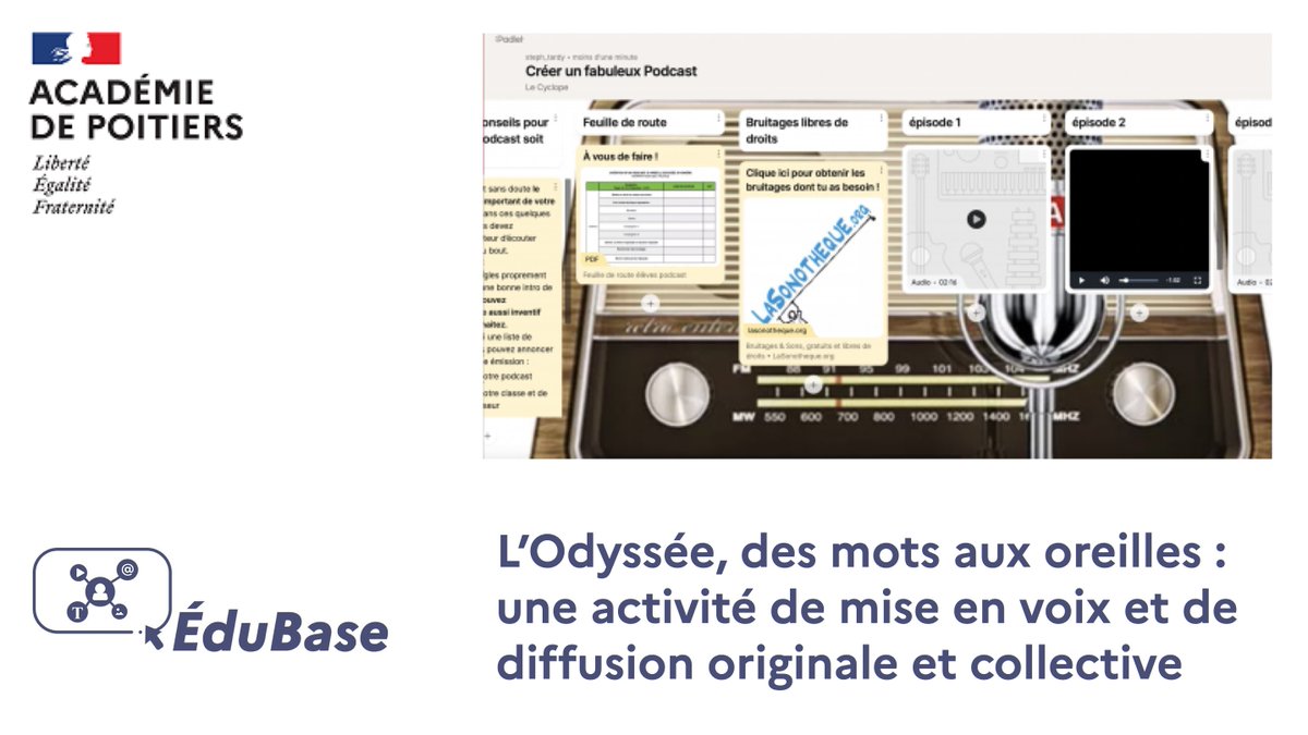 🏺 #Lecture | #Cycle3

🔷 « L’Odyssée, des mots aux oreilles » : ce scénario #Édubase <a href="/acpoitiers/">Académie de Poitiers</a> propose de mettre en voix des extraits de l’#Odyssée sous la forme de #podcasts, pour mettre en récit des scènes et s’entraîner à la lecture expressive

👉 edubase.eduscol.education.fr/fiche/21327
