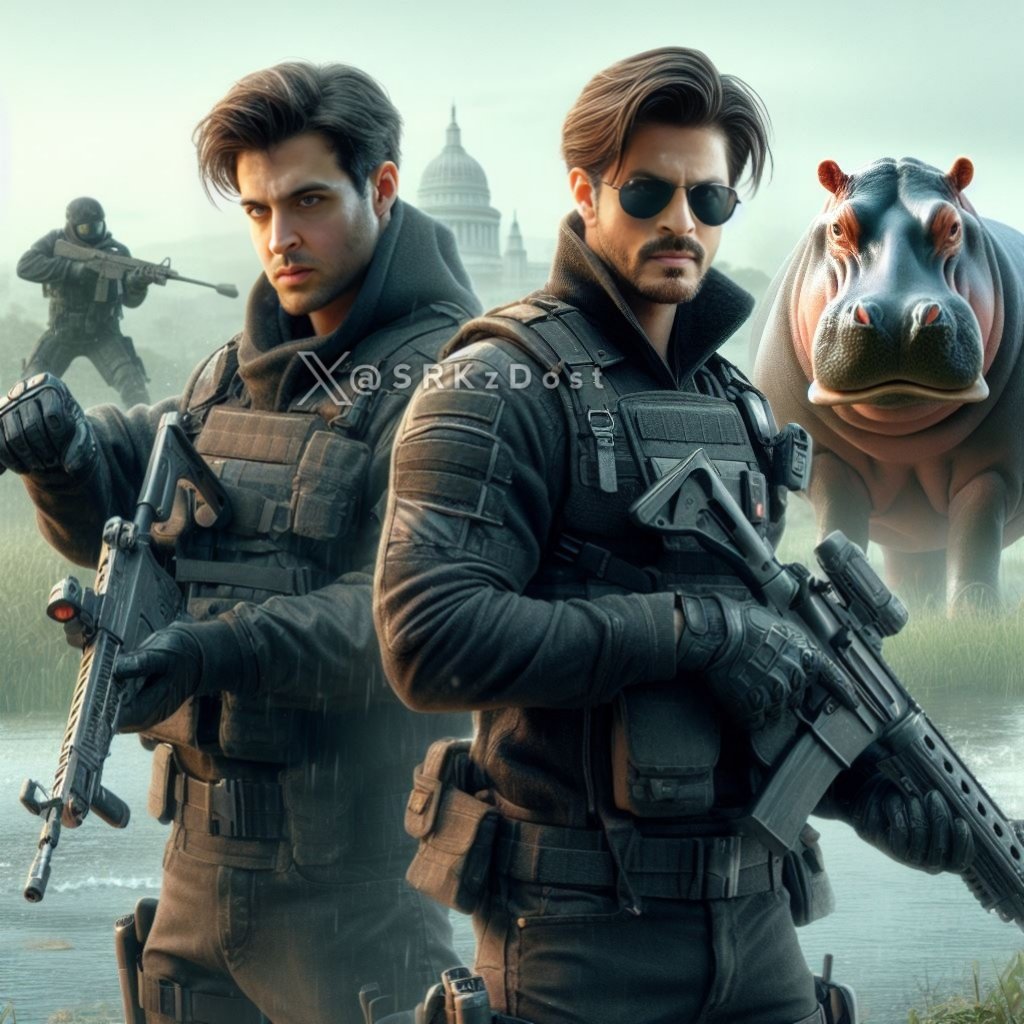Ai generate these images of Biggest SPY Agents of Indian Cinema Megastars #ShahRukhKhan𓀠& #HritikRoshan  with Modern High tech outfit and Weapons ft. 🦛: #SalmanKhan

Thread 🧵
(1/8)