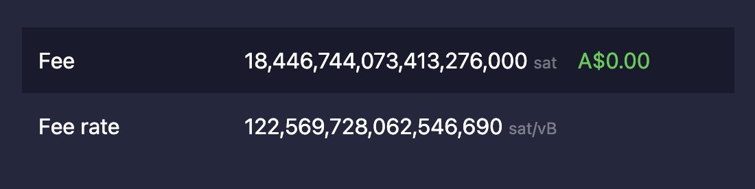 Something about this transaction has broken <a href="/mempool/">mempool</a>. It says it's paying over of 184 billion BTC in fees, more than the entire supply of bitcoin!

It's roughly 2^64 sats, so it's probably an integer wrap around issue
mempool.space/testnet/tx/ca3…