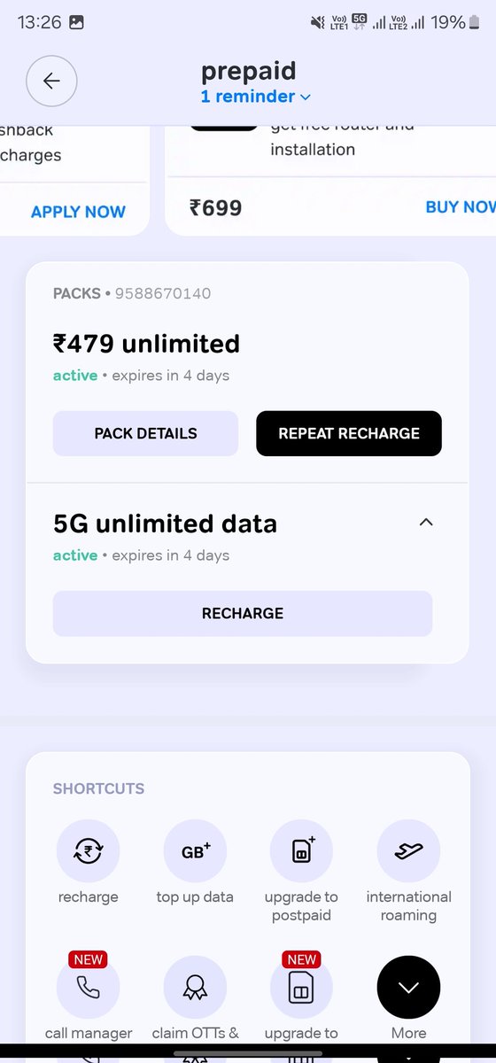 HrushikeshKulk9's tweet photo. Hello @airtelindia, I have recharged the pack of Rs.479 and I can see that I have the benefit of Unlimited 5G data. However I can see that my data has exhausted and there is no data left.Can you please explain why is this ? When the pack clearly states that I can use unlimited5G? https://t.co/kjkWCRsvlb
