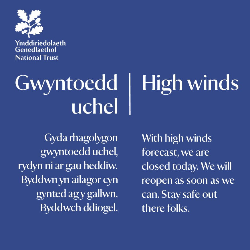 Gyda rhagolygon gwyntoedd uchel, rydyn ni ar gau heddiw, 5 Chwefror. Byddwn yn ailagor cyn gynted ag y gallwn. Byddwch ddiogel. bit.ly/42iOenq