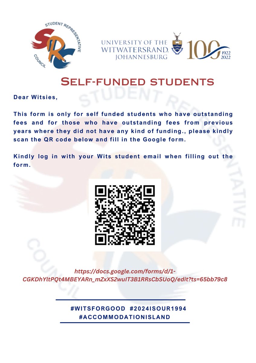 Wits SRC (@wits_src) on Twitter photo Attention Witsies
Please see the information above
Below is the link to access the Google form:
docs.google.com/forms/d/1-CGKD…
If you have any queries kindly email the SRC TREASURER src.treasurergeneral@students.wits.ac.za
2024ISOUR1994 Attention Witsies
Please see the information above
Below is the link to access the Google form:
docs.google.com/forms/d/1-CGKD…
If you have any queries kindly email the SRC TREASURER src.treasurergeneral@students.wits.ac.za
2024ISOUR1994