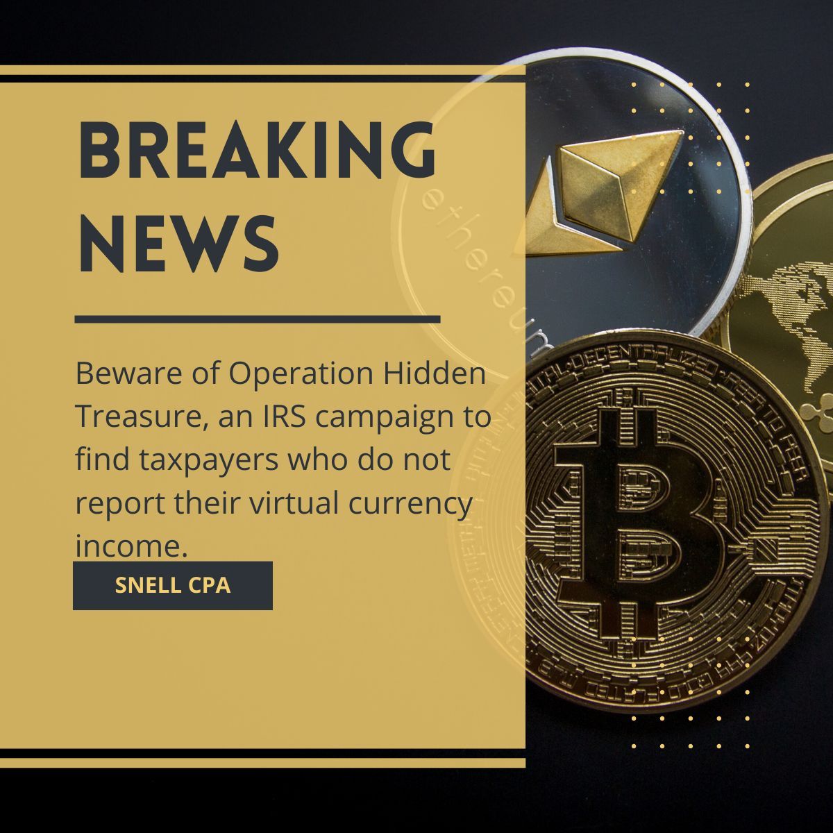 Do you own virtual currency? If you do, any gain has to be reported.

For example, you purchased Bitcoin for $20 and used it to buy $40 of pizza. Your $20 gain has to be reported as income.

The government views that $20 gain as taxable income.

#lawoftheland #taxes #snellcpa