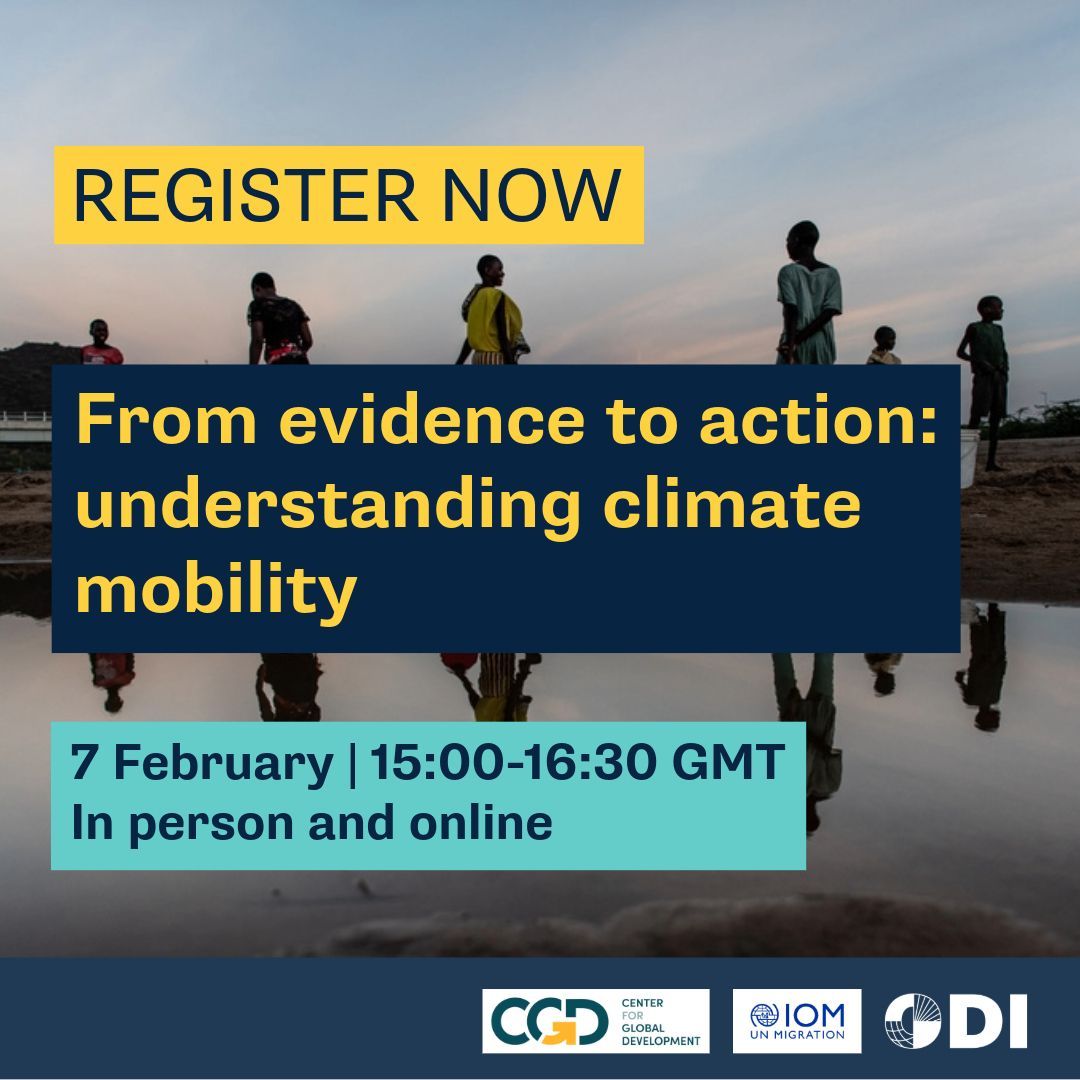 Climate change causes more new displacements annually than conflict. It's vital to understand its relationship with human mobility. Join our event this week w/ @CGDev & @UNmigration to hear about new research areas & how to shift from evidence to action: buff.ly/3OsDuyL