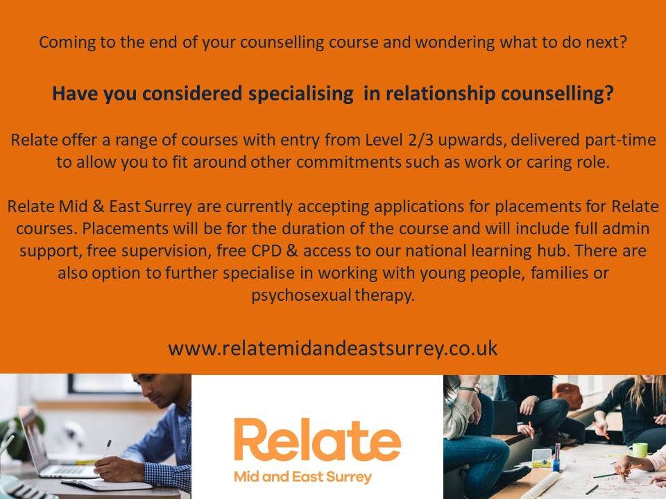 Considering what to do at the end of your #counsellingcourse? Specialise with us. We are currently accepting #placement applications for Relate's diploma and certificate courses.
#counsellingtraining #relationshipcounselling #workwithus #trainwithus