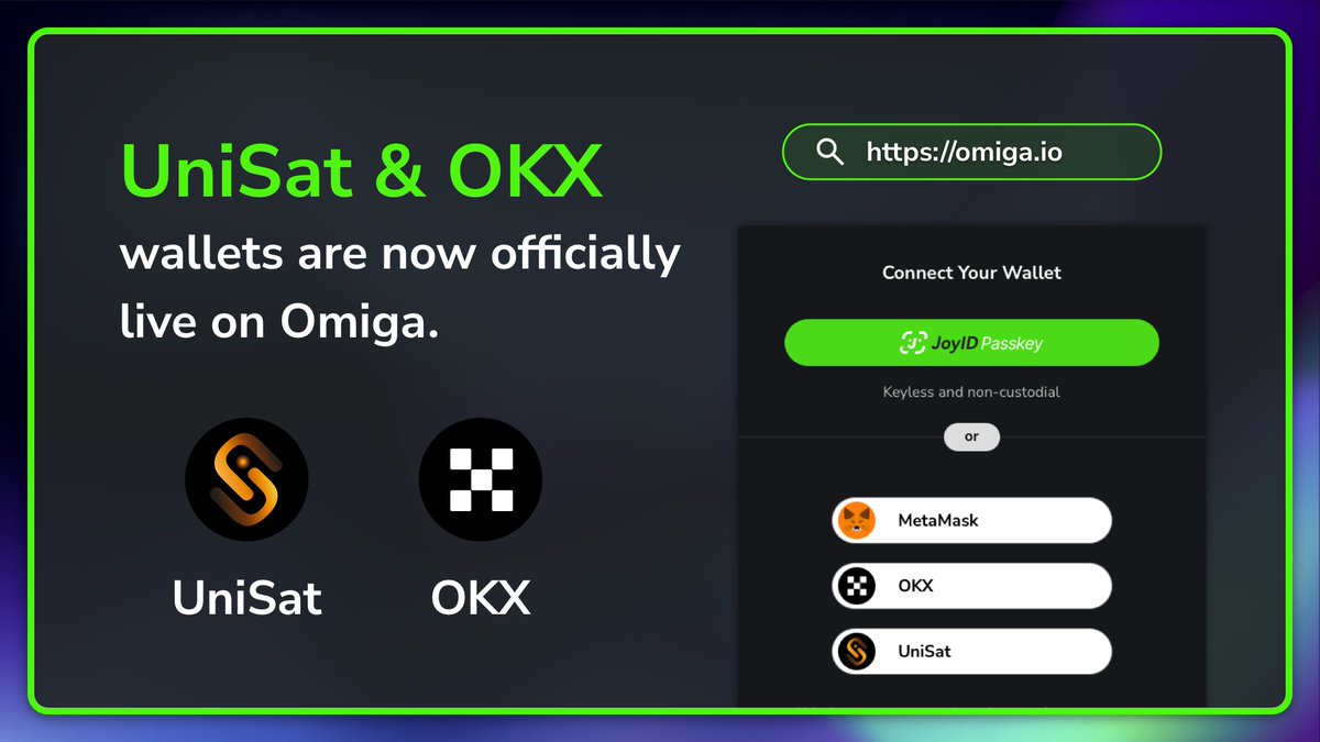 💥 We're thrilled to announce Omiga's successful integration with Unisat and OKX Bitcoin wallets! Now, enjoy seamless access to the CKB ecosystem.

🚀 Now, enjoy seamless access to the CKB Inscription ecosystem via omiga.io

#Omiga #Bitcoin #Integration
