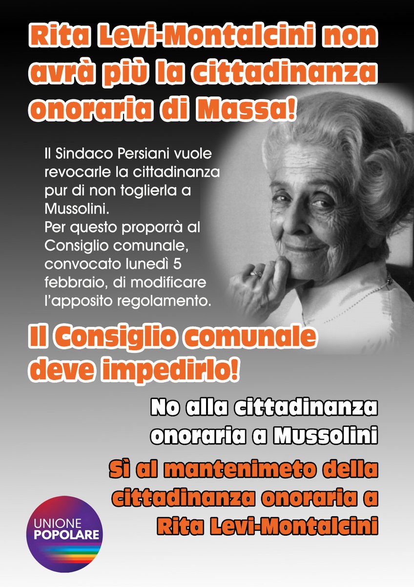 Questa sera a #Massa la maggioranza fra #Lega e #Azione proverà a revocare la cittadinanza onoraria a Rita Levi #Montalcini in consiglio comunale. Abbiamo presentato emendamenti per impedire che questo accada e che la sola #cittadinanza onoraria revocata sia quella di Mussolini.