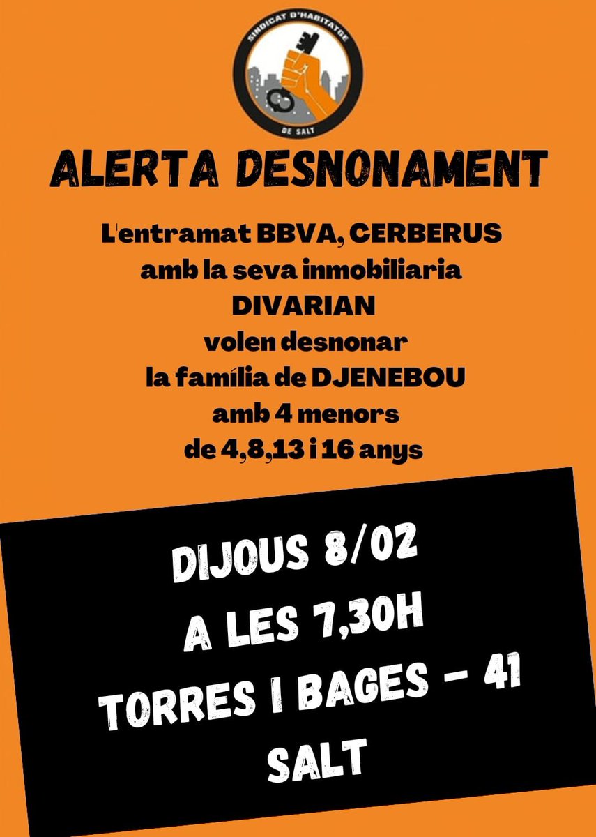 El fons voltor Divarian (BBVA, Cerberus) vol desnonar la Djenebou i els quatre fills menors. Mentre, els bancs (també BBVA), anuncien que el 2023 van tenir beneficis de +26.000 MILIONS d'euros. Què pensen fer les administracions?? <a href="/viladesalt/">Ajuntament de Salt</a> <a href="/govern/">Govern de Catalunya</a> ? Vindreu amb <a href="/mossos/">Mossos</a> ??