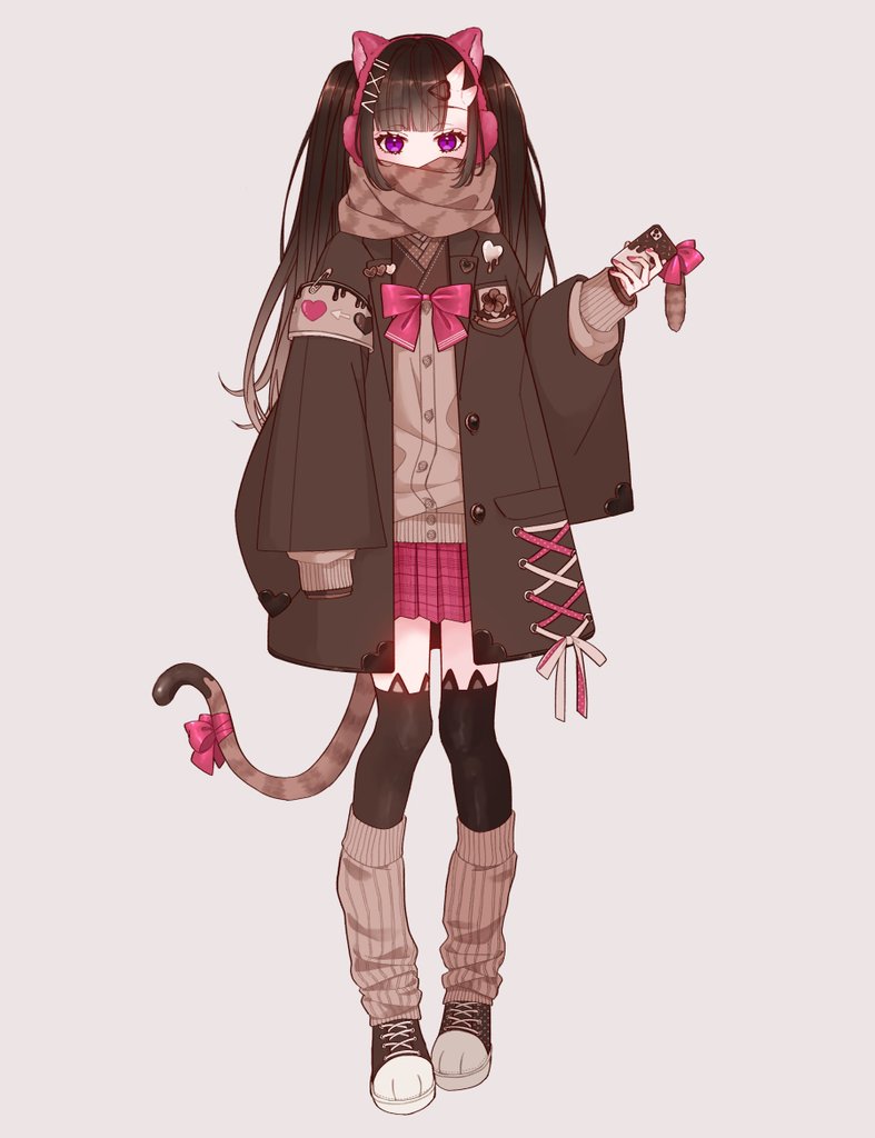 1girl solo brown scarf skirt purple eyes scarf tail  illustration images