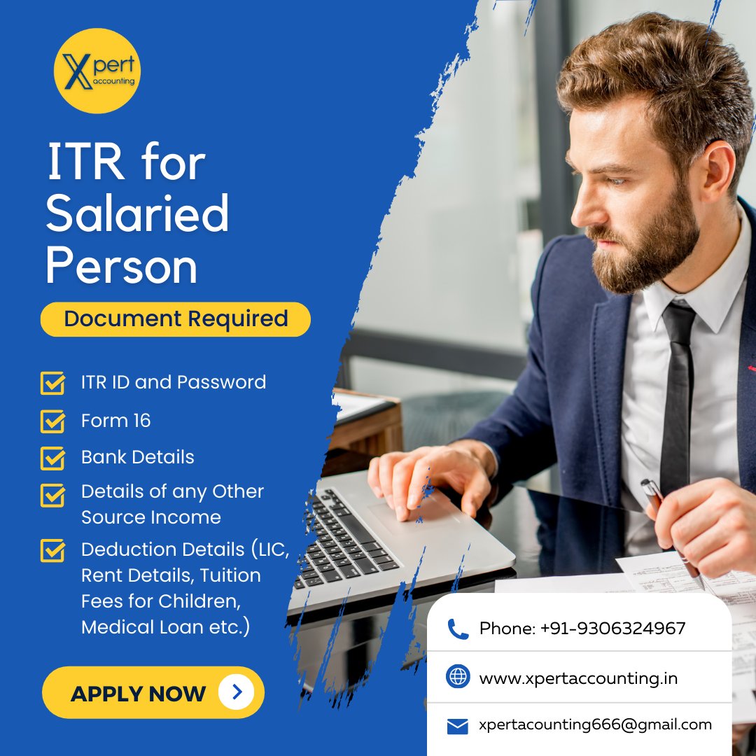 Maximize your returns, minimize the stress! Seamlessly navigate the Income Tax Return (ITR) process for salaried individuals. Let your hard-earned money work for you. 
'
'
'
'
#XpertAccounting #ITR #SalariedLife #FinancialFreedom #TaxReturns #SalariedITR #MaximizeRefunds