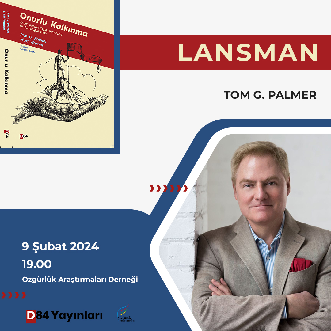 D84 Yayınları’nın (<a href="/d84yay/">D84 Yayınları</a>) ilk kitabı Onurlu Kalkınma’nın Ankara lansmanı 9 Şubat Cuma Günü saat 19.00’da kitabın yazarlarından çok değerli Tom G. Palmer’ın (<a href="/tomgpalmer/">Tom G Palmer</a>) katılımıyla Özgürlük Araştırmaları Ofisi'nde gerçekleştirilecek.

Etkinlik dili İngilizcedir. Herkese açık,