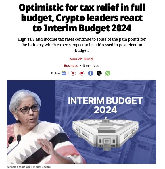 The Recent Interim Budget was not in favor of #Crypto investors 😢
 
There was no discussion about crypto.
 
The problem is still the same, which is
 
♦️ 30% Taxes
 
♦️ 1% TDS
 
♦️ No Banking support
 
♦️ No Loss offset
 
But the Main Budget is about to come after the election.