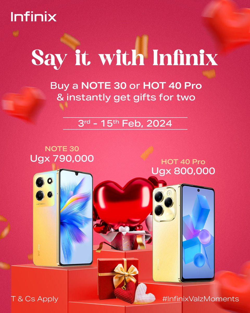 infinixuganda's tweet photo. PROMO!! PROMO!!
Buy the #NOTE30 or #HOT40Pro on discount and instantly get special gifts for two.
Hurry while stocks last.
#InfinixValzMoments
#InfinixValentine
#ValentinesDay https://t.co/cDzzsHZrUQ