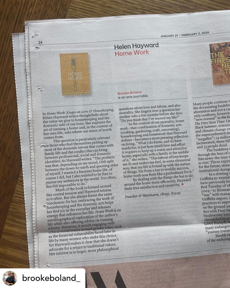 'Hayward writes thoughtfully about the value we give to housekeeping and the domestic side of our lives' Brooke Boland's fine review of Helen Hayward's 'Home Work' in The Saturday Paper! Get your copy of 'Home Work' now. puncherandwattmann.com/product/home-w…