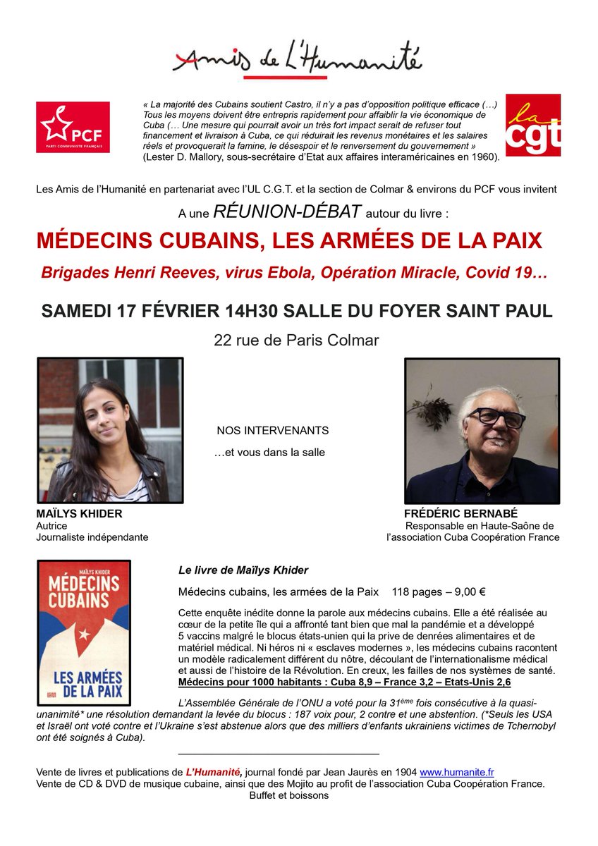 MJCFColmar's tweet photo. 🔴 CONFERENCE-Débat
Médecins cubains 🇨🇺 : les armées de la Paix 
📅Samedi 17 février 2024 🕑 14H30 
📍Foyer St Paul - 22 rue de paris 68000 #Colmar https://t.co/J2bHVnEVfE