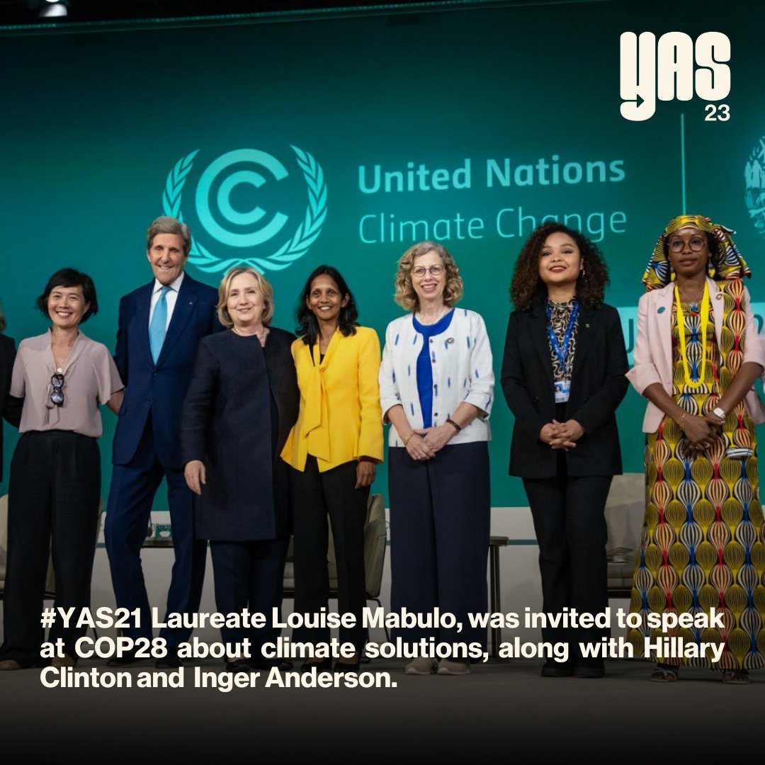 Join us in celebrating young activist & #YAS21 laureate, @LouiseMabulo who joined talks alongside Hillary Clinton at #COP28 to discuss climate solutions 🌎✊ #YAS #ChangeMakers #ClimateAction