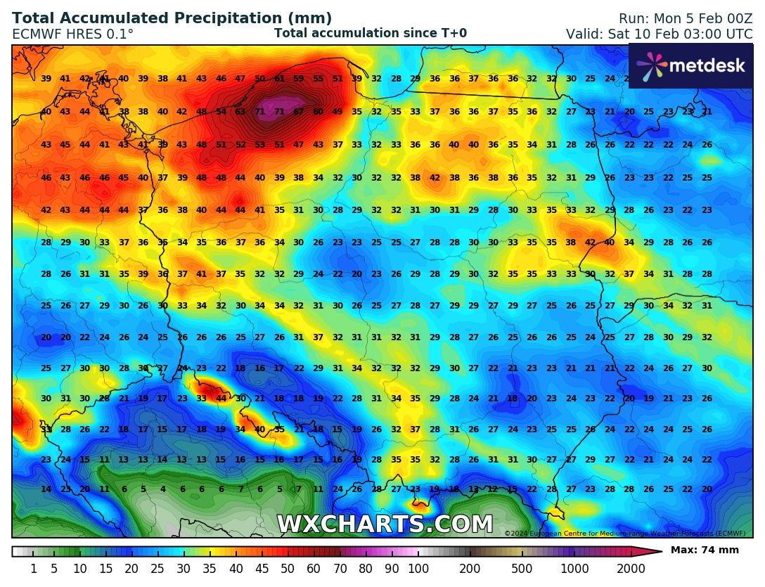 Tegoroczny luty w Polsce jest bardzo, bardzo deszczowy🌧️🌧️🌧️. Miejscami w ciągu najbliższego tygodnia spadnie ok. 200% miesięcznej normy opadowej, a rzeki już pełne.
Poniżej: prognoza modelu ECMWF, @wxcahrts 
#meteo #pogoda #info #deszcz #podtopienia #powódź