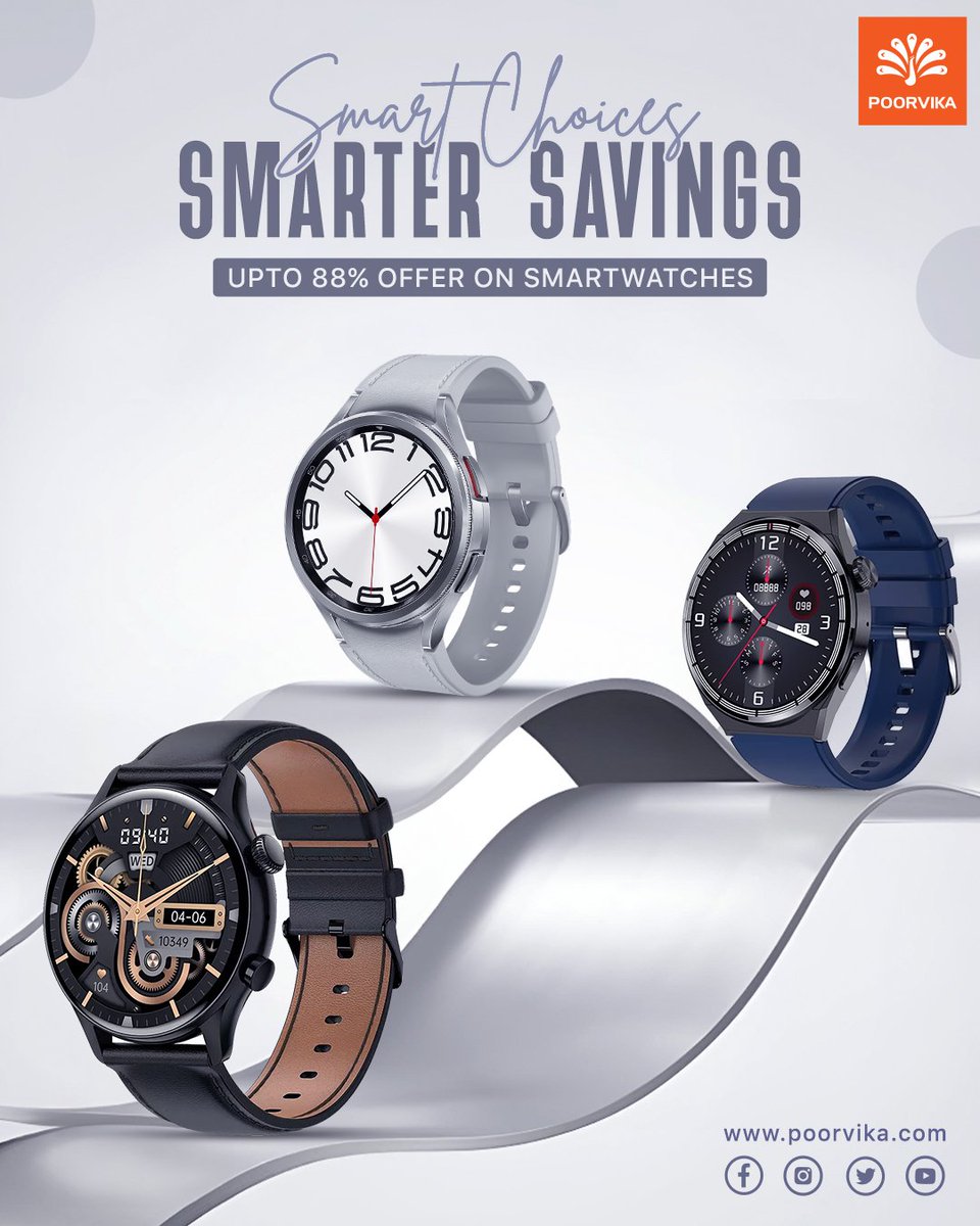 poorvika_india's tweet image. Save Super Smart on Smartwatches and lead an advanced lifestyle. Grab your favorite Smartwatch at Poorvika with up to 88%* OFF today!

#Smartwatch #smarttechnology #smartband #fitness #FitnessGoals #offers #poorvika