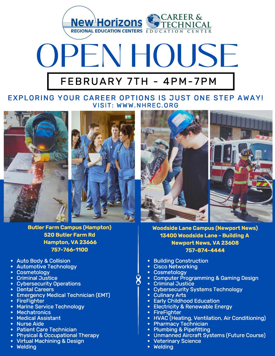 Mark your calendar!! 📅Our CTE Open House is Wednesday, February 7th, from 4 PM to 7 PM! Come out and meet our amazing instructors and learn about the  programs we offer! #NHRECCTE #LeadBoldly #WeAreNewHorizons
@NHREC_VA