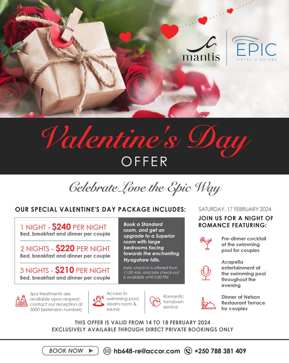 Turn the Valentine's Day into an epic love story at @EpicHotelSuites!💕 Our exclusive package offers the perfect blend of luxury and romance, including accommodation, pre-dinner cocktails, acapella entertainment, and a romantic dinner. Reserve your spot now👇🏾 #VisitRwanda🇷🇼