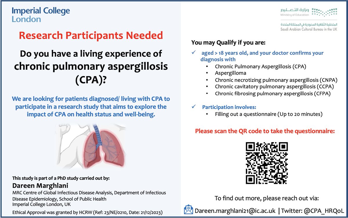 Participants needed for a PhD project researching the impact of Chronic Pulmonary Aspergillosis (CPA) on health-related quality of life. To get involved please fill out the survey, and share 🔁 bit.ly/3OvrlZT