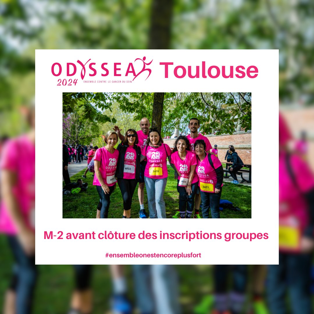 Toulousaines, Toulousains, Il vous reste deux mois pour inscrire votre groupe à Odysséa Toulouse ! 📆 Dimanche 28 avril aux Argoulets N'attendez plus : sportinnovation.fr/Evenements/Gro… #ensembleonestencoreplusfort