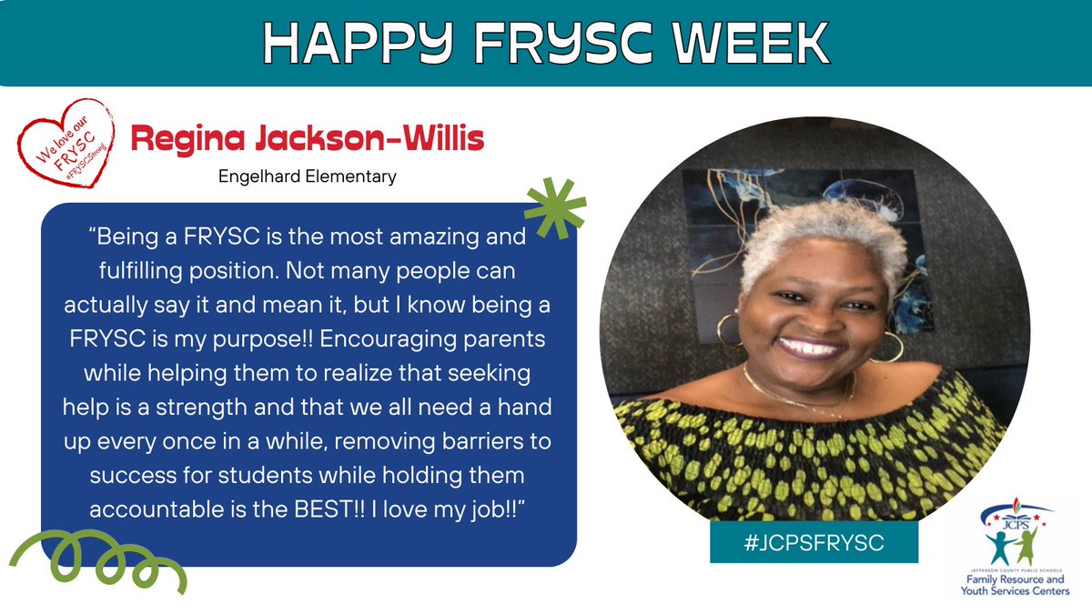 JCPS (@jcpsky) on Twitter photo 🎉 CELEBRATING OUR FRYSCs | Happy FRYSC Week to all of the Family Resource and Youth Service Center leaders across JCPS! We're excited to highlight incredible <a href="/FRYSC_JCPS/">FRYSC JCPS</a> staff throughout the week!
Today's 🌟: Regina Jackson-Willis
🏫: @Engelhard_Elem
#WeAreJCPS #JCPSFRYSC 🎉 CELEBRATING OUR FRYSCs | Happy FRYSC Week to all of the Family Resource and Youth Service Center leaders across JCPS! We're excited to highlight incredible <a href="/FRYSC_JCPS/">FRYSC JCPS</a> staff throughout the week!
Today's 🌟: Regina Jackson-Willis
🏫: @Engelhard_Elem
#WeAreJCPS #JCPSFRYSC