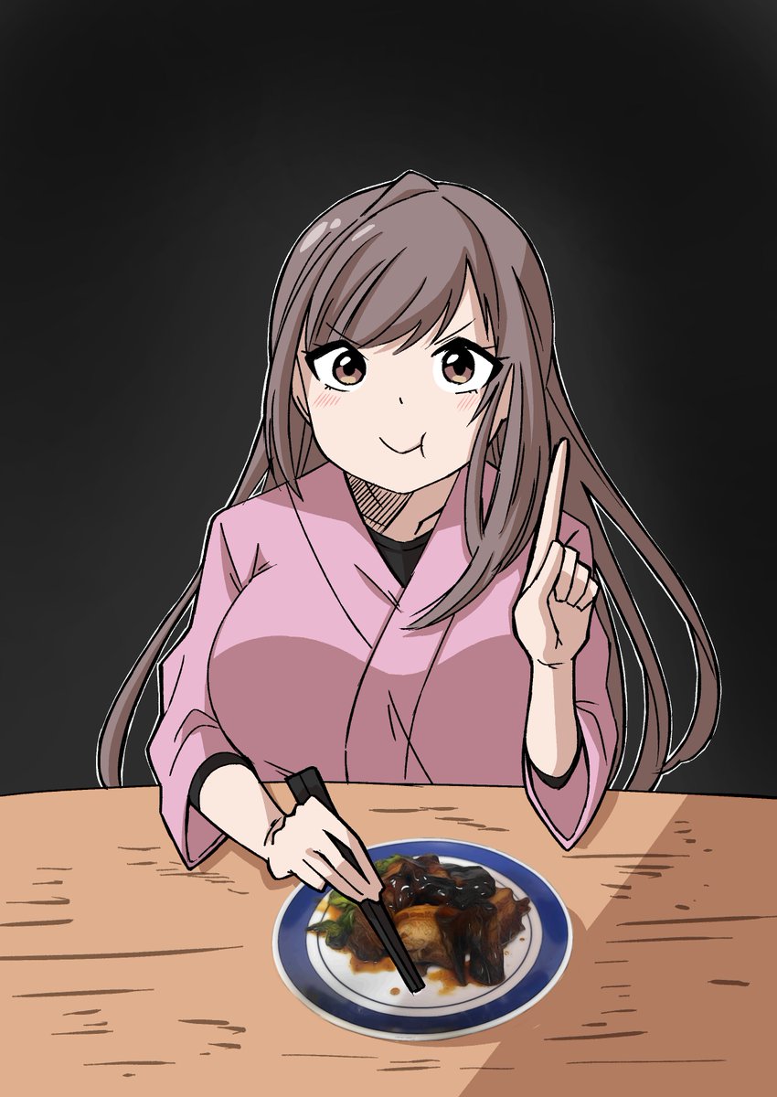 tsukioka kogane 1girl solo brown hair food closed eyes smile long hair  illustration images