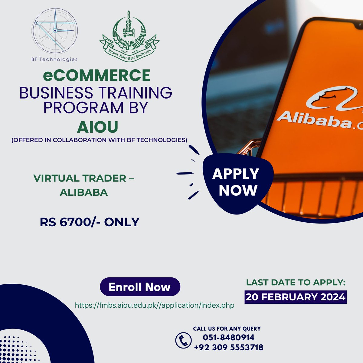 TechnologiesBf's tweet photo. Join https://t.co/ndN3YIHAKQ as a Virtual Trader and offer services to manufacturers or become a member of Alibaba yourself and sell products across the globe.
Apply online now at: https://t.co/S0x2hq1gZw
For more details:
📷 0309-5553718
📷 051-8480914
#EcommerceCourses #BFTech https://t.co/bO2DDo2G7p