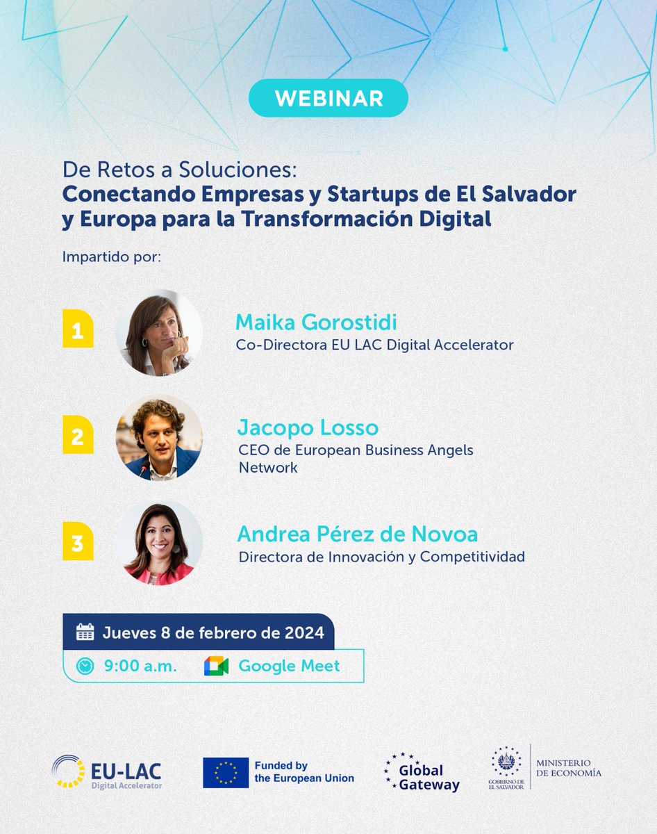 📡Participa en el #webinar "De Retos a Soluciones: Conectando Empresas y Startups de El Salvador y Europa para la Transformación Digital" dedicado a programas y políticas del <a href="/EconomiaSV/">Ministerio de Economía</a>, nuestra aceleradora e inversión.

🗓8 Feb
🕒9h ESV / 16h CET

Info👉eulacdigitalaccelerator.com/event/de-retos…