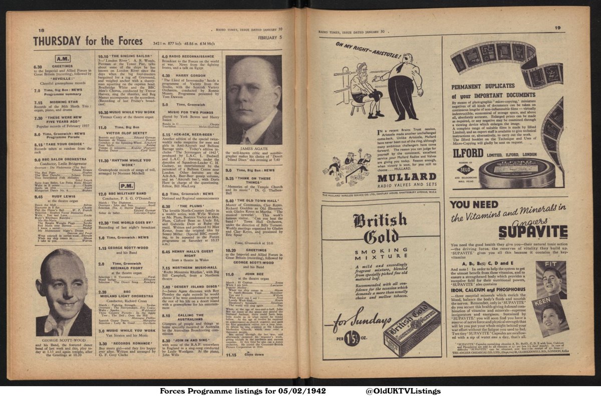 Forces Programme listings for 05/02/1942 - Radio Times, 30/01/1942 issue (pages 18 and 19)

READ: genome.ch.bbc.co.uk/page/223e0fc92…
