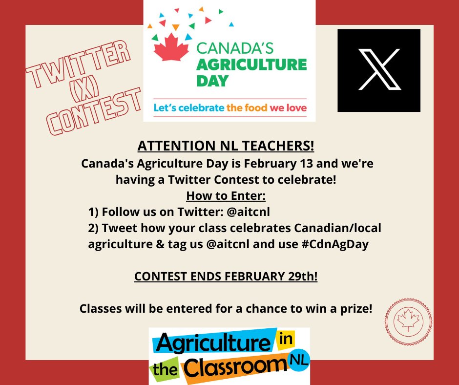 <a href="/NLSchoolsCA/">NLSchools</a> AITC-NL is celebrating Canada's Agriculture Day on Feb 13! AITC-NL invites your class to participate in a Twitter contest to help us celebrate #CdnAgDay 
1) Follow us: <a href="/AITCNL/">Agriculture in the Classroom NL</a>
2) Tweet how your class celebrates Canadian/Local AG &amp; tag <a href="/AITCNL/">Agriculture in the Classroom NL</a> using #CdnAgDay