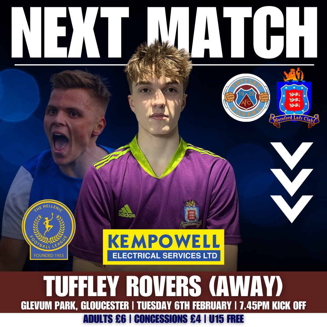 NEXT MATCH 🔜 | We are back in action on Tuesday evening with a trip to Gloucester to face Tuffley Rovers Football Club in the Uhlsport Hellenic League 

🎟️ Adults £6 | Concessions £4 | U15s FREE

📍 Glevum Park, off Lower Tuffley Lane, Gloucester, GL2 5DT.

#WeAreLadsClub 🔵⚪️