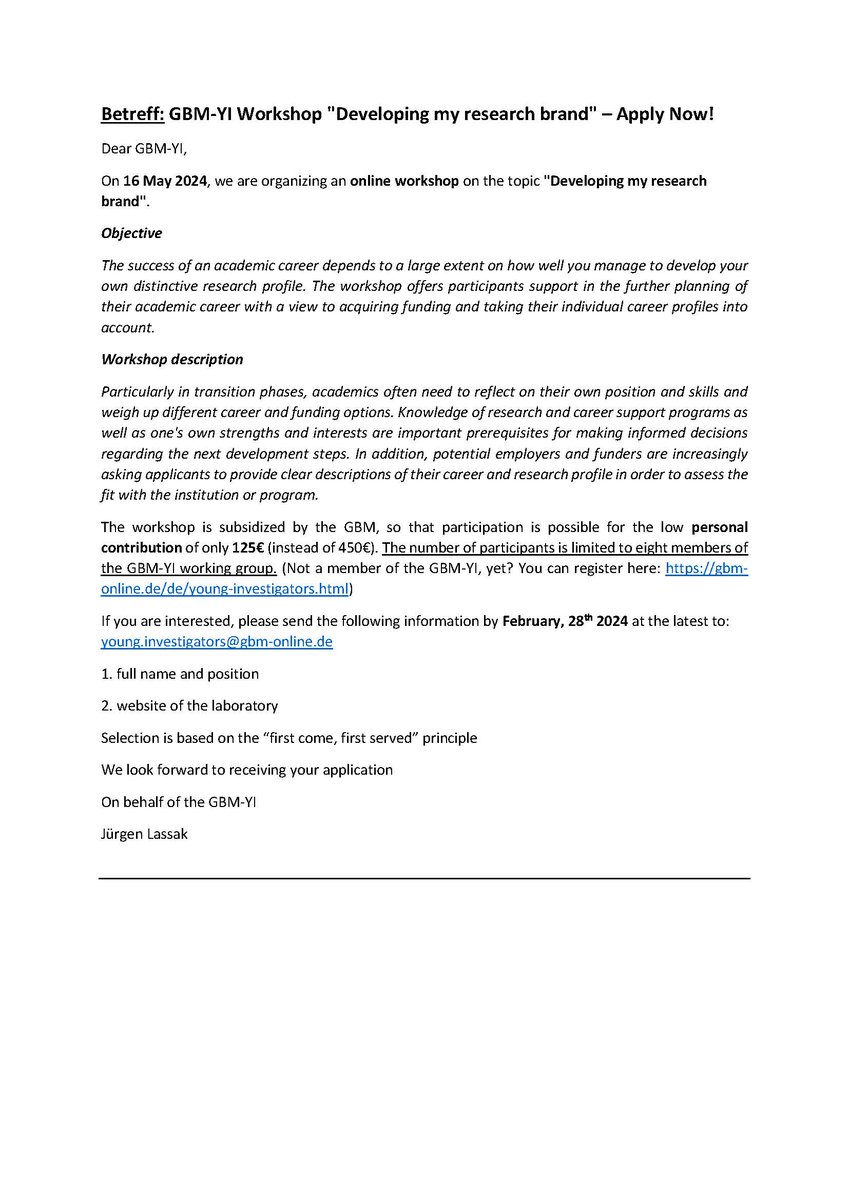 📢one Slot left at the online workshop on 
➡️'Developing your career and research profile individually'! 
➡️Organized by the GBM working group  #YoungInvestigators
Details below 👇