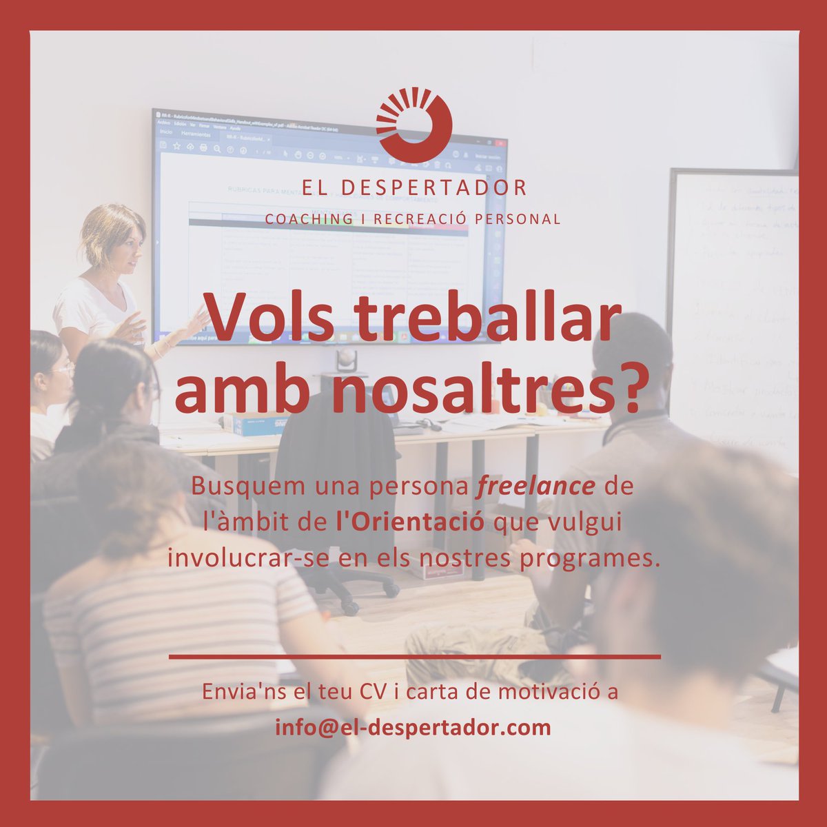🆕Treballes en el món de l’#Orientació? 

Busquem:

- Títol de Grau branca Ciències Socials.

- Mínim 3 anys d’experiència en el sector.

- Perfil ‘freelance’.

👉 Envia’ns el teu CV i carta de presentació a info@el-despertador.com abans del 19/02.

Tenim ganes de conèixer-te!🙌