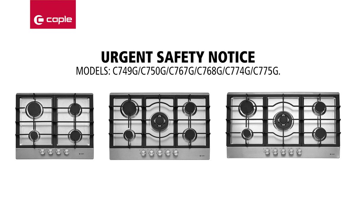 Urgent Safety Notice 👇 We would ask our customers who have purchased any of the following Caple gas hobs from 1st November 2019 to click on the following link to read and fully understand an Urgent Safety Notice. This relates to models: C749G/C750G/C767G/C768G/C774G/C775G.…