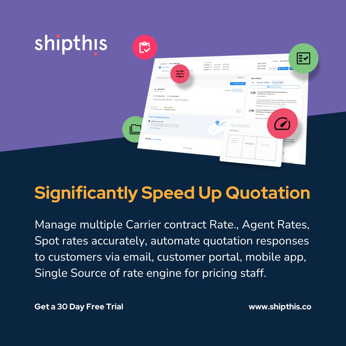 Shipthis efficiently handles multiple carrier contract rates, spot rates, and agent rates. Automate your freight quote responses, centralize the pricing engine for your pricing team, and help you boost your quote to win rate! #Shipthis #frieghttraiff #logisticspricing