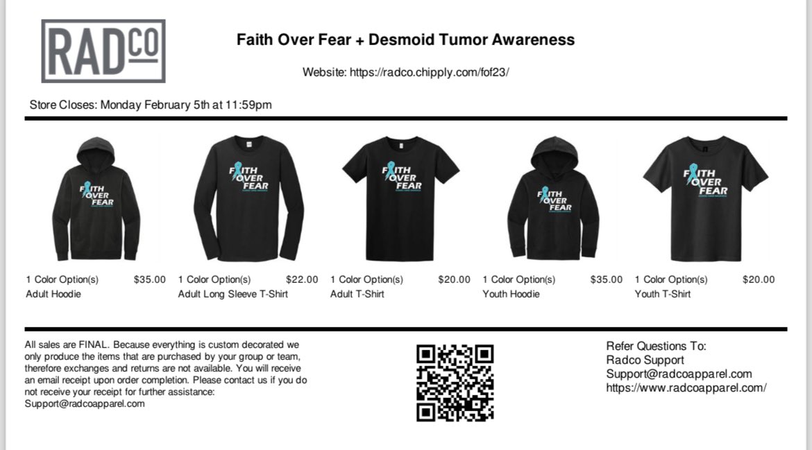 Order your Faith Over Fear Apparel to help support the Desmoid Tumor Research Foundation- All proceeds go to continued research for finding a cure 
@DTRFoundation 

radco.chipply.com/fof23/

#dtrf #desmoidawareness #desmoidtumor #faithoverfear