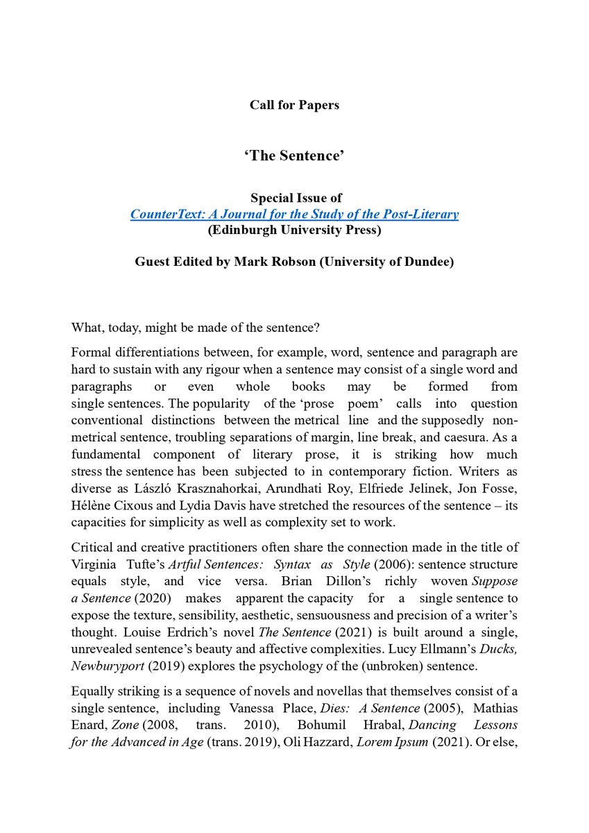 CounterText's tweet photo. 29 Feb 2024 -- the extended deadline for abstracts for this special issue of #CounterText on The Sentence, edited by @markrobsoninfo 

@EdinburghUP https://t.co/cJIoHWAMFe