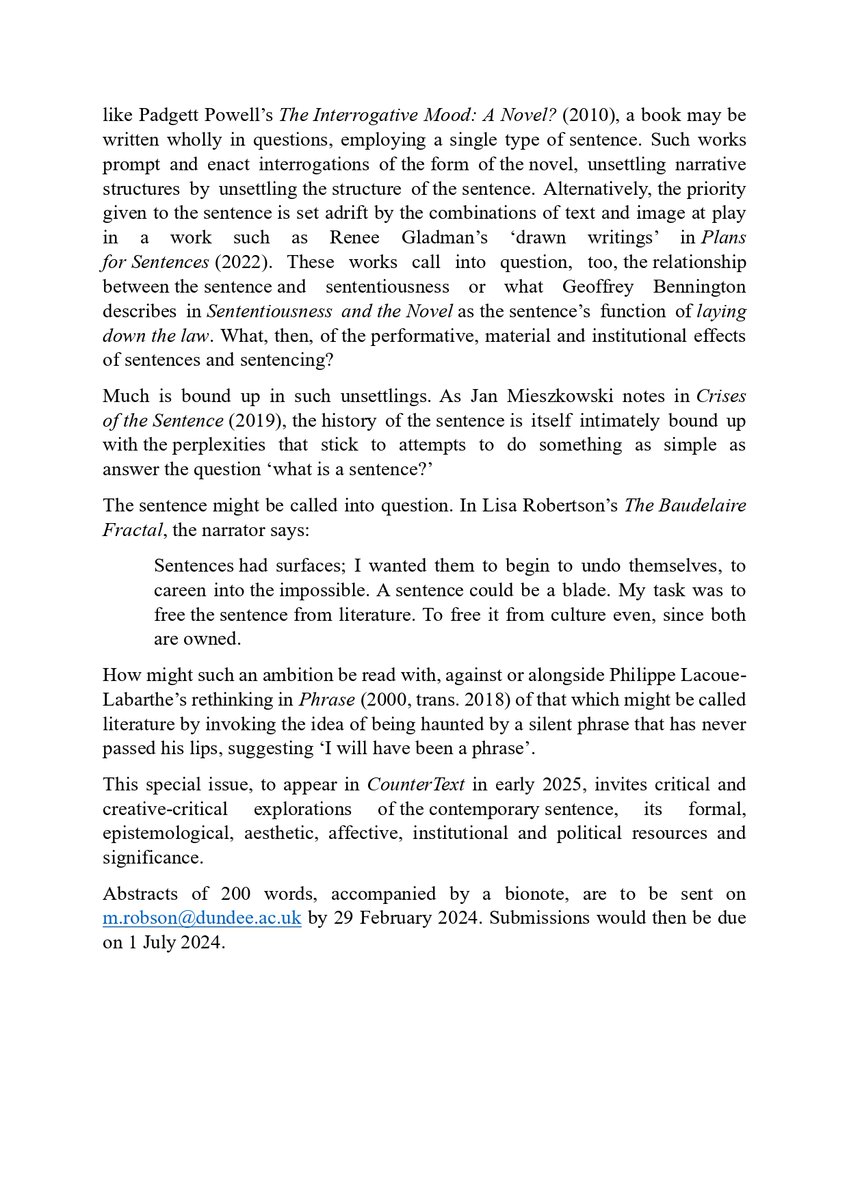 29 Feb 2024 -- the extended deadline for abstracts for this special issue of #CounterText on The Sentence, edited by <a href="/markrobsoninfo/">Mark Robson (now with Bluesky too)</a> 

<a href="/EdinburghUP/">Edinburgh University Press</a>