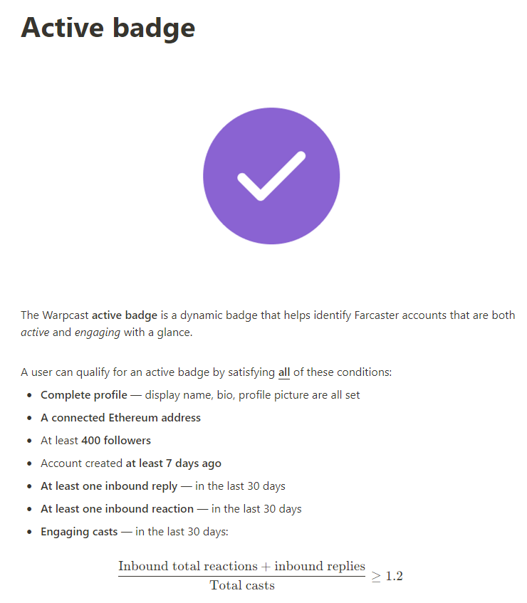 ☑️WARPCAST 액티브 뱃지 받기
팔로워 최소 400명 조건이 있습니다. 팔로우 해주시는 분들 모두 맞팔 진행하고 있으니 함께해요🚀

1. 프로필 :
Edit Profile에서 이름, 소개, 프로필 이미지 설정 모두 완료
2.이더 지갑 연결 :
Settings > Connected Addresses 에서 진행
3. 최소 400명 팔로워 :
지금