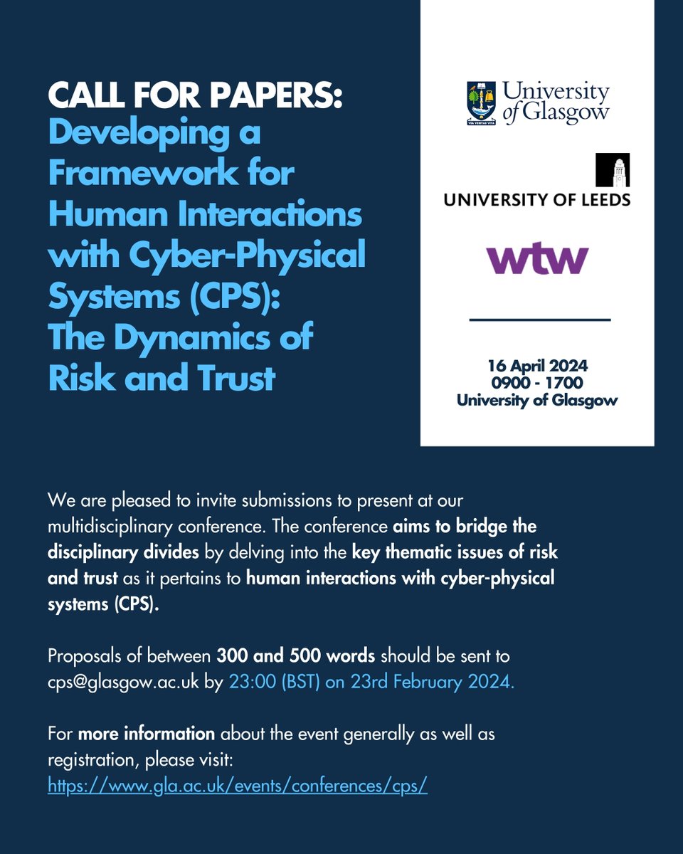 Alongside <a href="/UniversityLeeds/">University of Leeds</a>, this April we will be hosting a multidisciplinary workshop on Cyber-Physical Systems.

The call for papers is now open, but closes later this month.

For more details, registration and contact information visit: gla.ac.uk/events/confere…