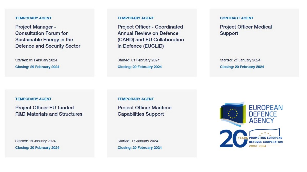 Ready to play your part in #EUdefence cooperation? 

EDA is #hiring!

📑European Defence Agency is currently recruiting for a range of positions.

For the full vacancy notice, conditions & how to apply, visit our website -eda.europa.eu/careers/curren… 

#EUcareers #EUjobs #EDAjobs