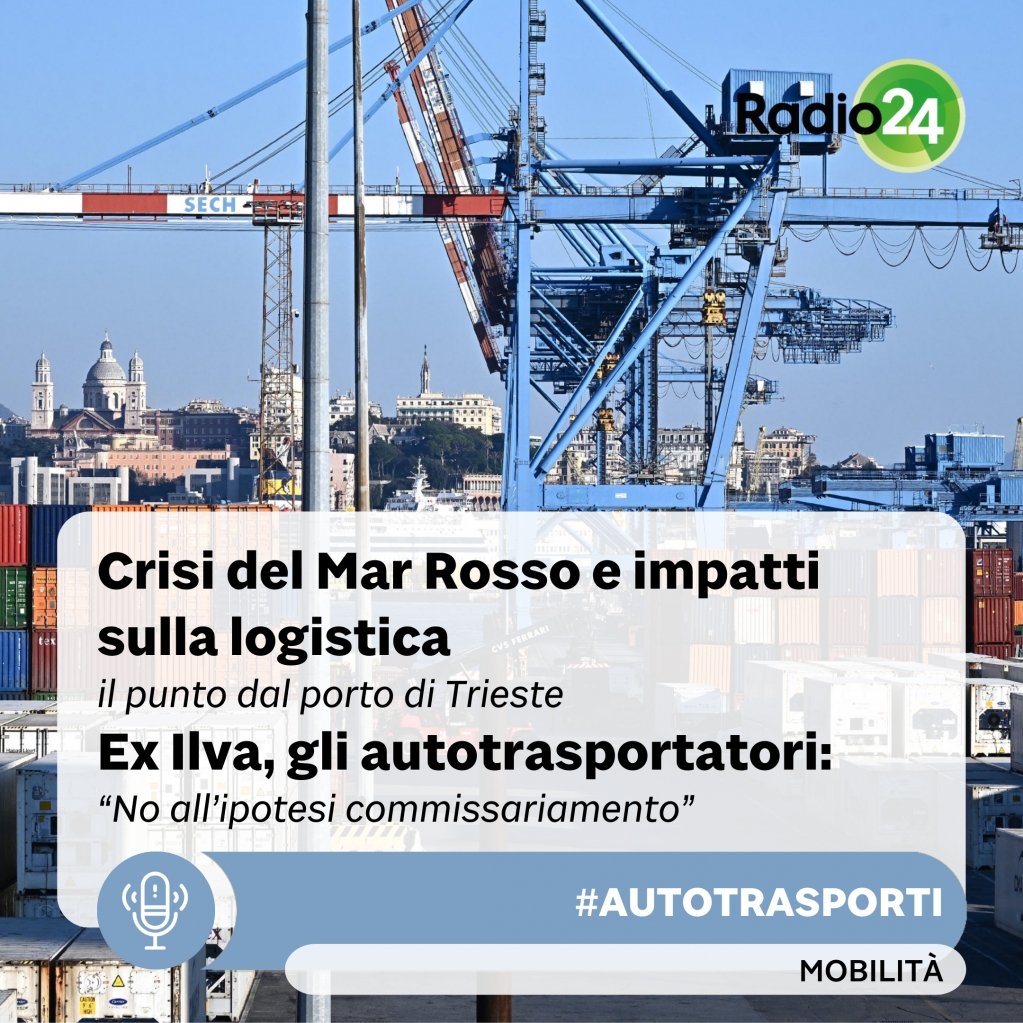 Radio 24 (@radio24_news) on Twitter photo La crisi in Mar Rosso potrebbe portare le compagnie a saltare il Mediterraneo: così @ZDAgostino, presidente di <a href="/PortodiTrieste/">Porto di Trieste</a>, ad Autotrasporti. Giacinto Fallone di <a href="/casatar/">CASARTIGIANI TARANTO</a> ci parla del presidio degli autotrasportatori davanti l’ex Ilva. Ascolta: tinyurl.com/2p9ystz9 La crisi in Mar Rosso potrebbe portare le compagnie a saltare il Mediterraneo: così @ZDAgostino, presidente di <a href="/PortodiTrieste/">Porto di Trieste</a>, ad Autotrasporti. Giacinto Fallone di <a href="/casatar/">CASARTIGIANI TARANTO</a> ci parla del presidio degli autotrasportatori davanti l’ex Ilva. Ascolta: tinyurl.com/2p9ystz9