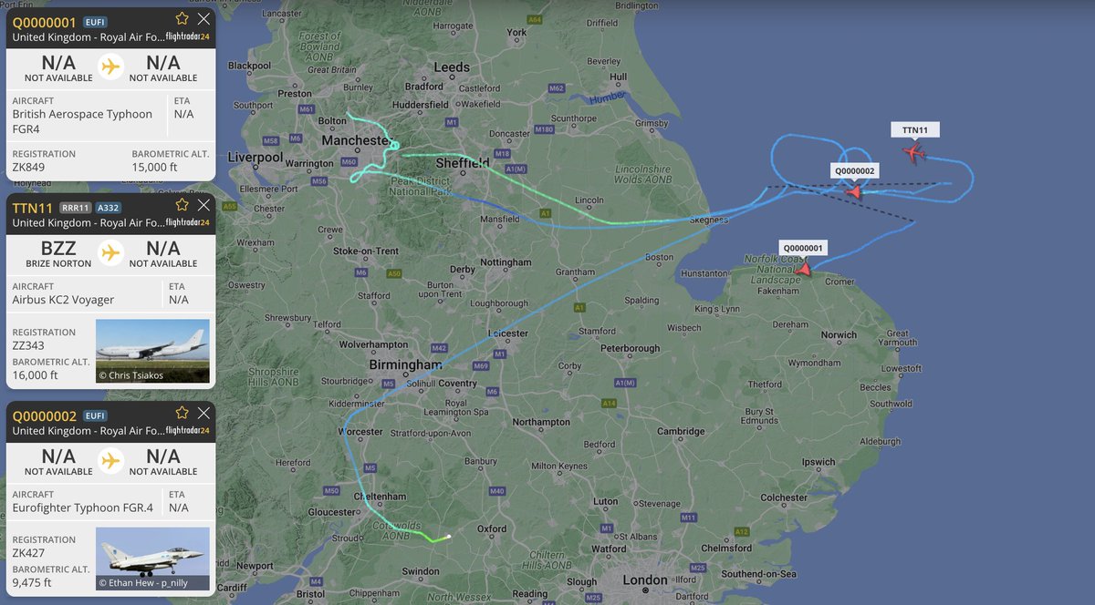 #RAF 2x eurofighter typhoons seen on the flight radar over the north of england, having then made their way out over the north sea. #Q0000002 #Q0000001 #43C7A4 #43C73C

KC2 voyager in the area, looks to be on AAR duties. #TTN11 #43C700