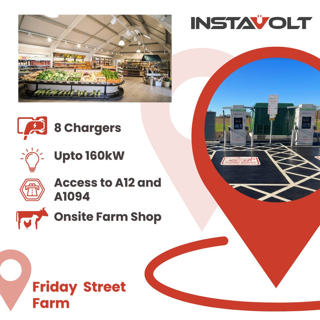 Introducing #FridayStreetFarm in Suffolk ⚡

With eight #EVChargers offering speeds up to 160kW, the hub features two #FullyAccessible bays with 1.2m of additional space on either side and at each end.

 The site also features a 7.2m long bay for larger vehicles.