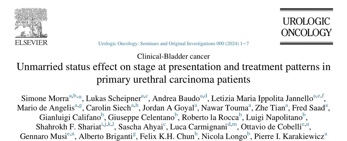 SimonemorraMD's tweet photo. It’s a pleasure to share our last publication “Unmarried status effect on stage at presentation and treatment patterns in primary urethral carcinoma patients”
on @UrolOncol 
Thanks to Prof. Karakiewicz and all coauthors!

https://t.co/q92gJdHVZn https://t.co/qGxJwRnepG